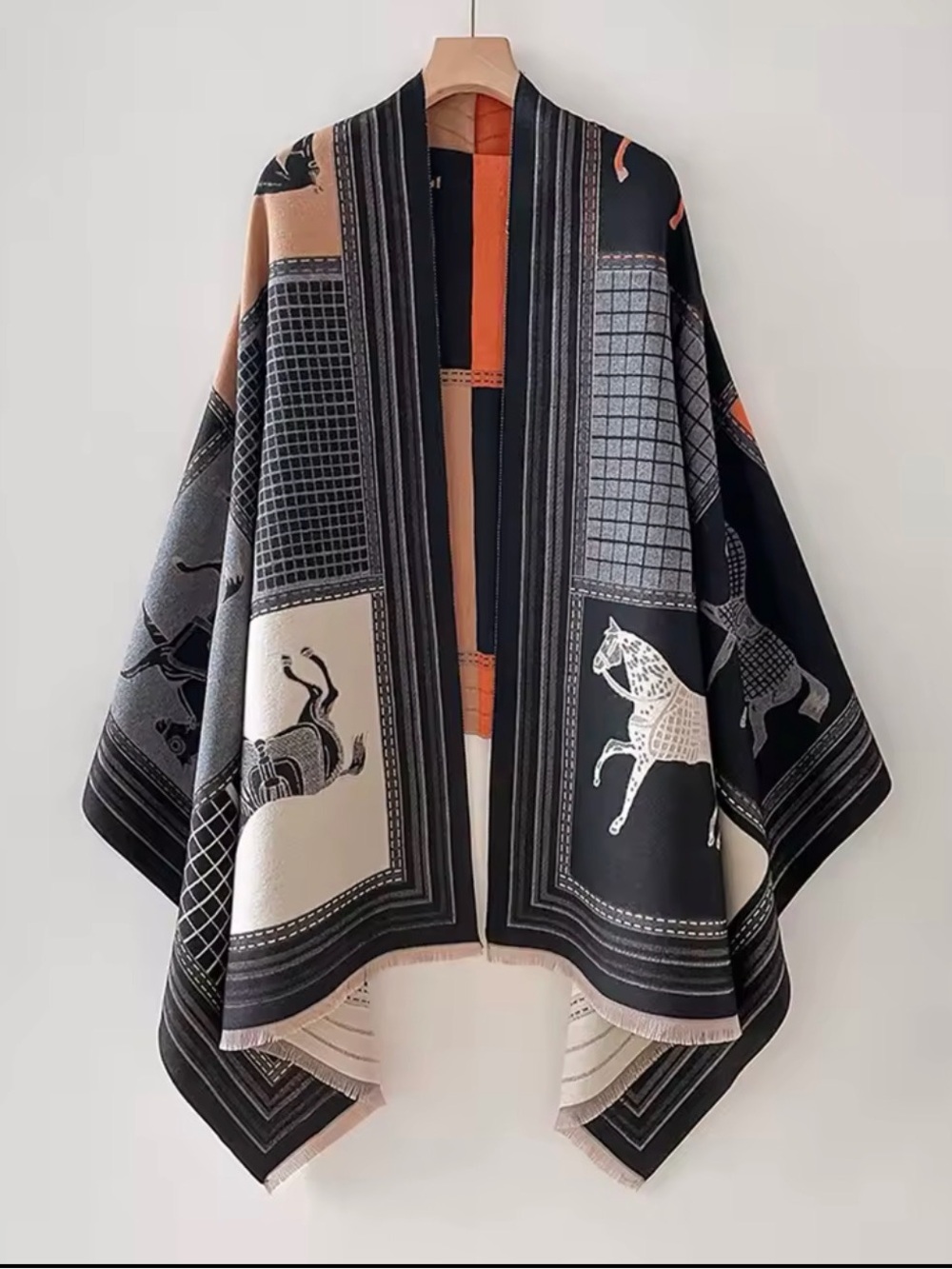 Equestrian Print Open-Front Wrap Cape in Black & Beige(PRE ORDER ONLY)